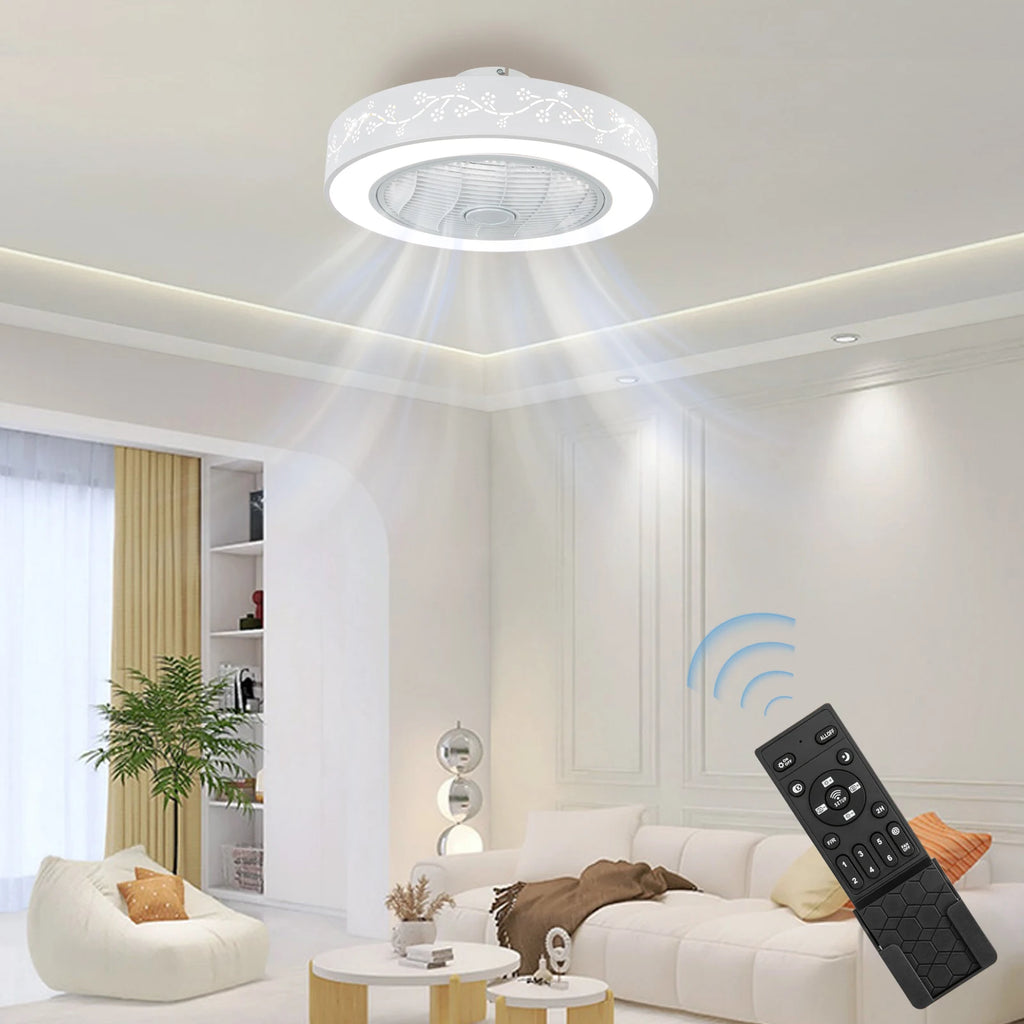 Showlu 55cm flush mount smart ceiling fan with dimmable LED light, sleek modern design, and remote control functionality.