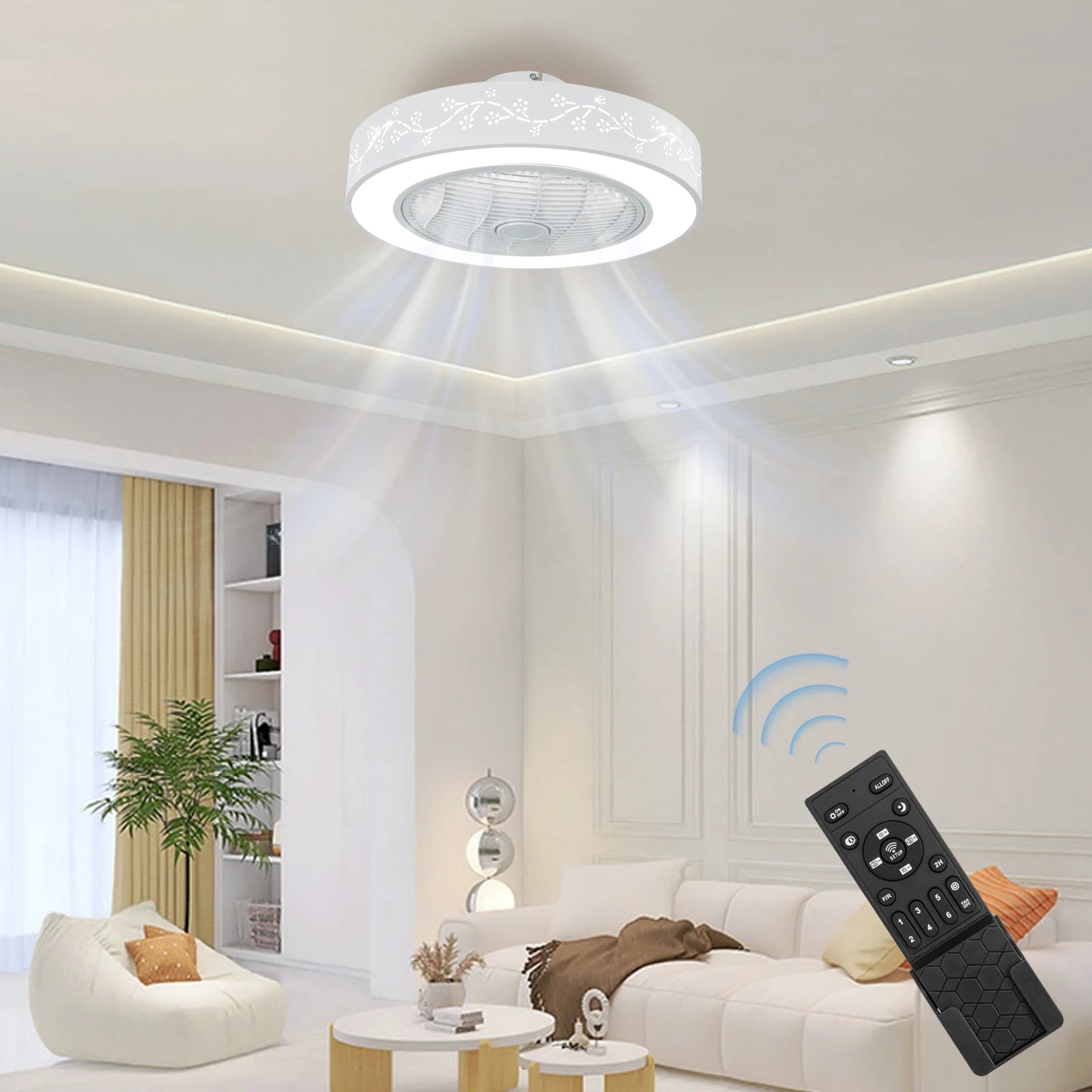 Showlu 55cm flush mount smart ceiling fan with dimmable LED light, sleek modern design, and remote control functionality.
