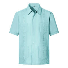 2025 New Summer Men's Guayabera Shirts Four Pockets Embroidered Short Sleeve Shirts for Men Blue Mexican Cuban Button Shirt