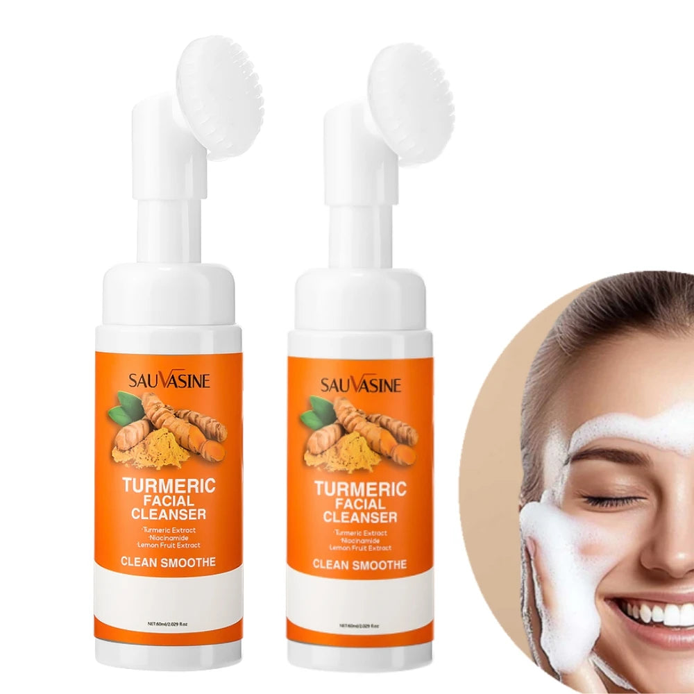 Turmeric Cleanser facial foam with lemon fruit extract and brush, designed to brighten skin and moisturize daily skincare.