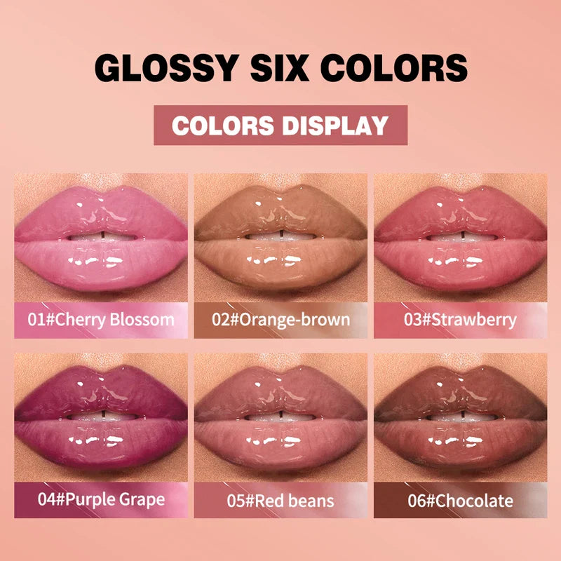 SHOWLU FASHION moisturizing lip gloss in clear tube, showcasing glossy, hydrating finish with waterproof formula for smooth lips.
