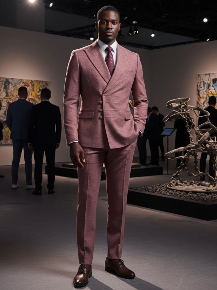 Black men's 2-piece suit by Showlu Fashion, slim fit double-breasted wedding set with tailored blazer and matching pants.