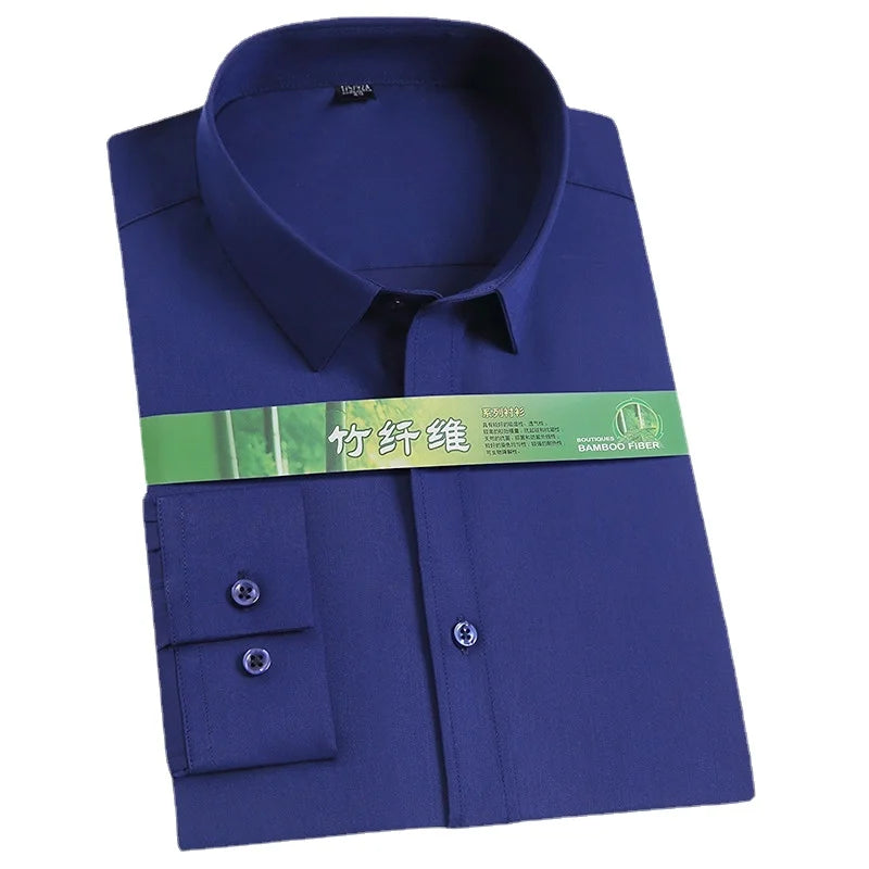 White bamboo fiber men's long sleeve dress shirt by Showlu Fashion, featuring stretch-free, soft, professional business style in 8XL size.