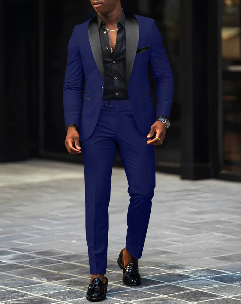 Slim fit men's wedding and business suit set with single button jacket and matching pants, stylish and tailored by Showlu Fashion.