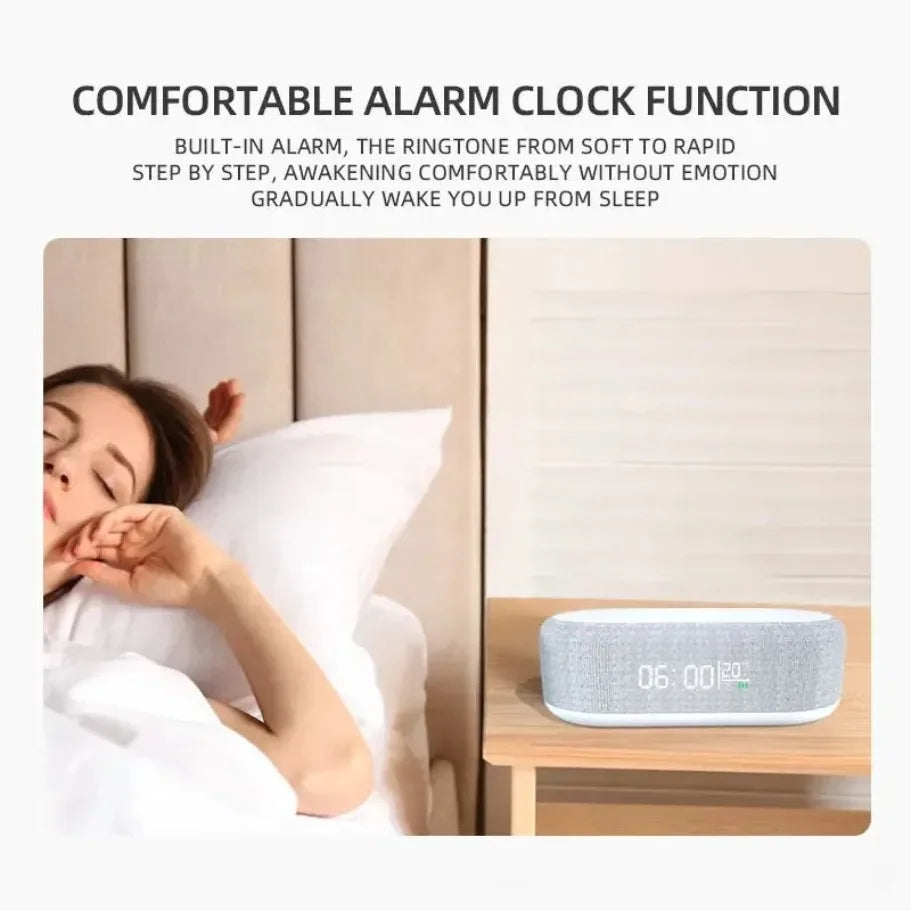 Showlu Smart General 15W wireless charging alarm clock with LED night light, featuring a sleek digital display and modern design.