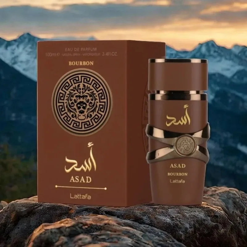 Unisex Lattafa Asad Bourbon Eau De Parfum bottle with fruity scent, 3.4 oz, showcased against a neutral background.