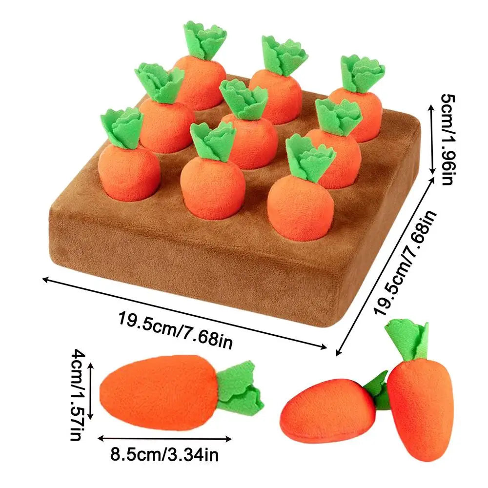 Interactive dog snuffle mat with carrot design, showing textured fabric for foraging and boredom relief activity.