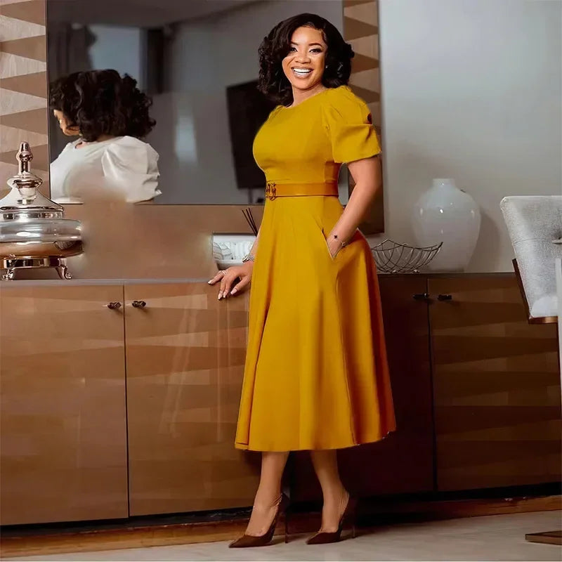 Women's puff sleeve A-line office dress with belt by SHOWLU FASHION STORE, featuring a chic, professional look in navy blue fabric.
