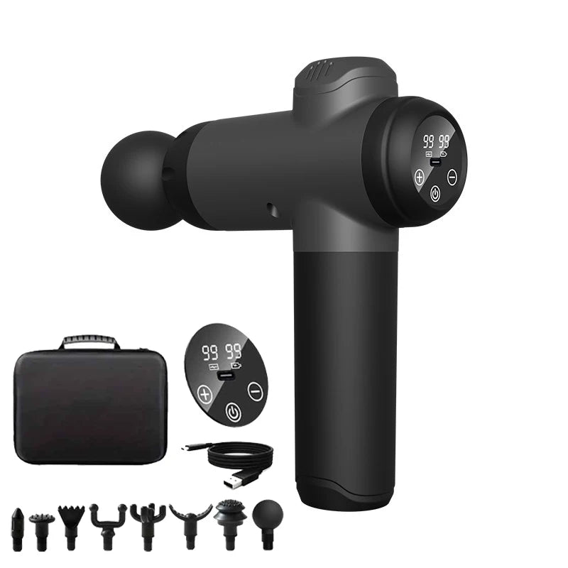 Deep tissue massage gun by Showlu Fashion Store with 6/99 speeds, four massage heads, designed for athletes and muscle relief.