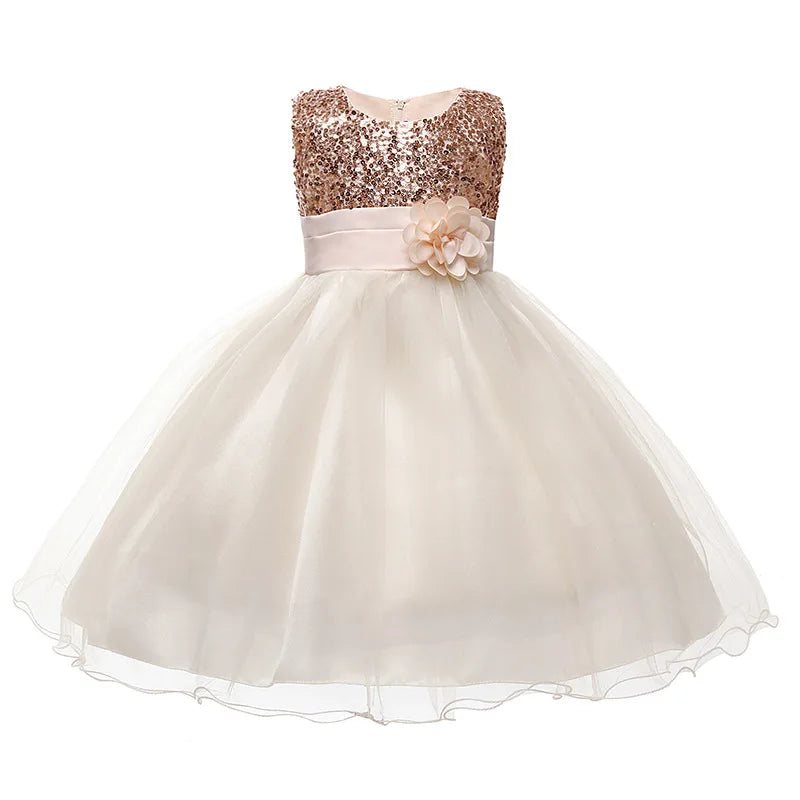 Girl's flower sequins princess dress for Christmas, Halloween, or birthday parties, with tutu skirt, suitable for ages 3-10.