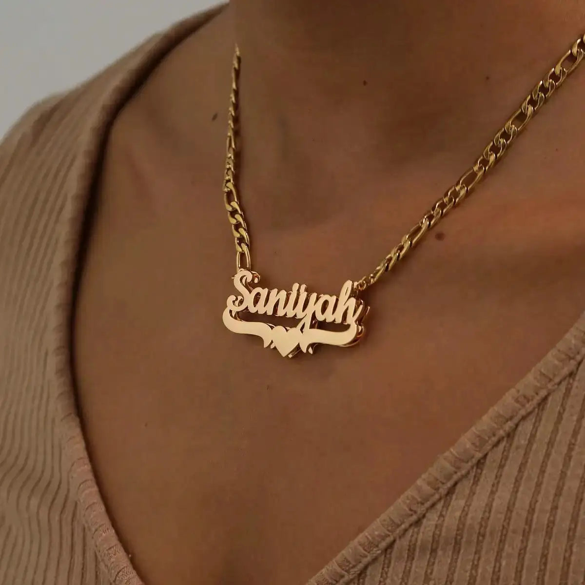 Showlu Custom Double Name Necklace with stainless steel Figaro chain, featuring two personalized name pendants on a sleek chain.
