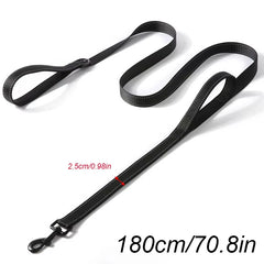 A black nylon dog leash with two handles and reflective stitching measuring 180cm long.