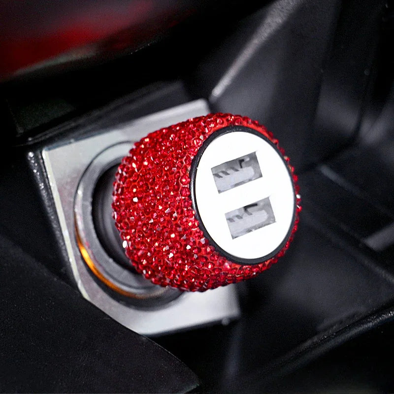 Pink crystal Showlu dual USB car charger with 3-in-1 charging cable, compact and stylish for car power charging.