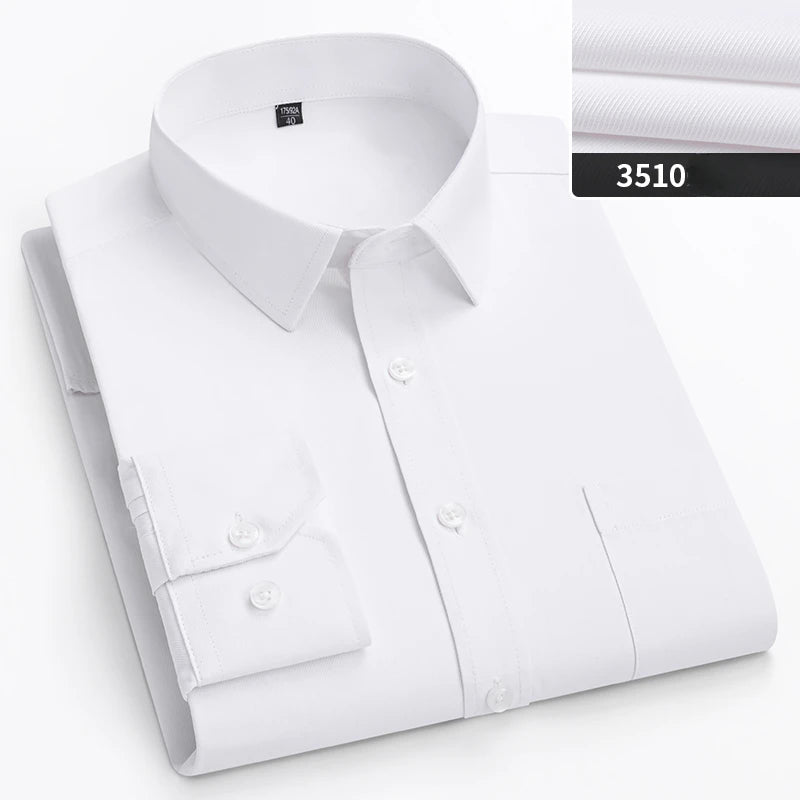 Plus size men's slim fit formal shirt with double collar, long sleeves, solid color, suitable for office or business attire.