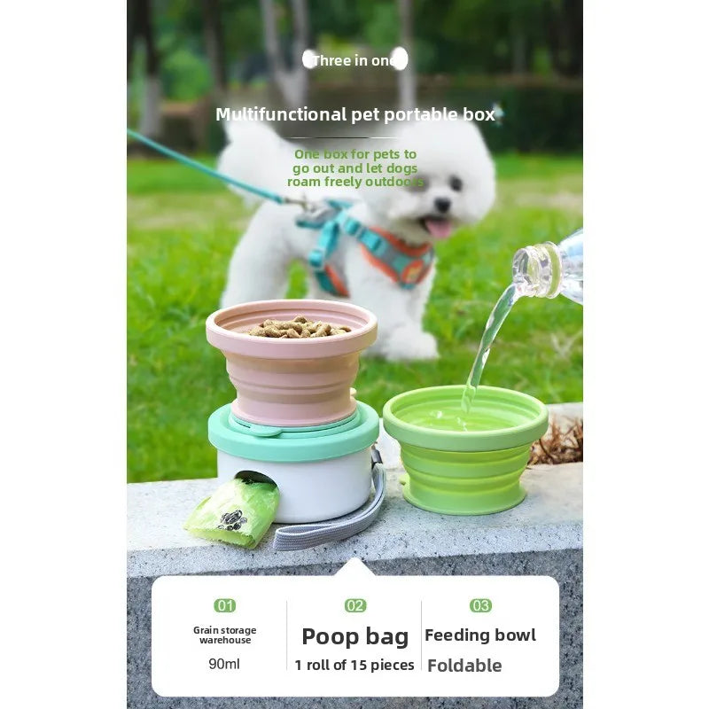 Showlu 3-in-1 portable dog water bottle with leak-proof travel food bowl, ideal for pet travel and outdoor walks.
