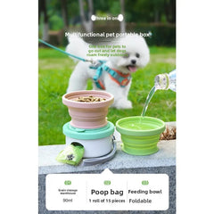 A multifunctional portable pet box featuring a grain storage container, a poop bag dispenser, and a foldable silicone feeding bowl.