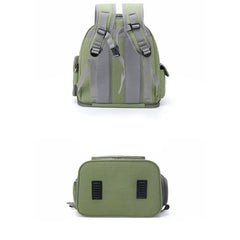 A green nylon pet carrier backpack shown from the back and bottom views.