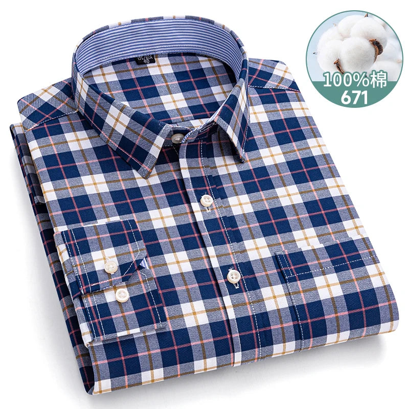 Long sleeve men's plaid Oxford dress shirt in soft 100% pure cotton, regular fit, available in 6XL and 7XL sizes.