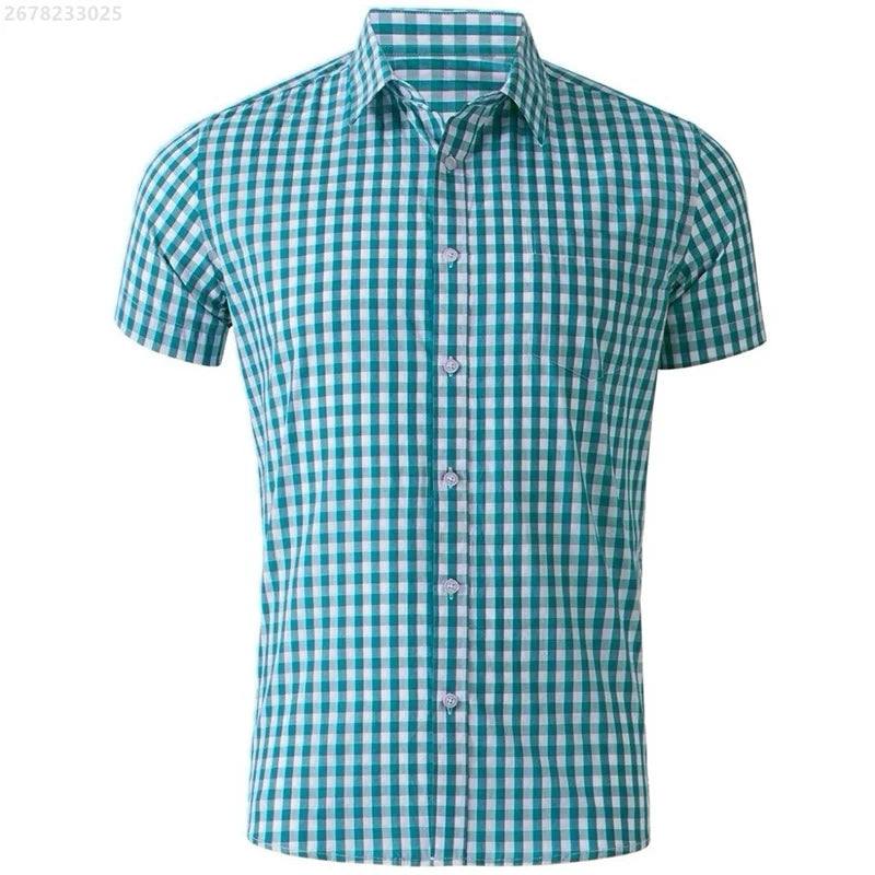 Men's short-sleeved Hawaiian plaid shirt in red and blue, breathable casual style, featuring lapel collar, suitable for street wear.