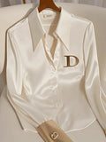 White satin blouse for women with long sleeves, slim fit office shirt by SHOWLU FASHION STORE.