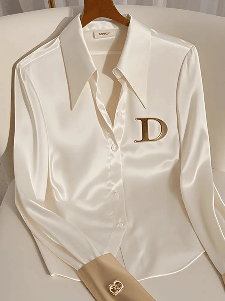 White satin blouse for women with long sleeves, slim fit office shirt by SHOWLU FASHION STORE.