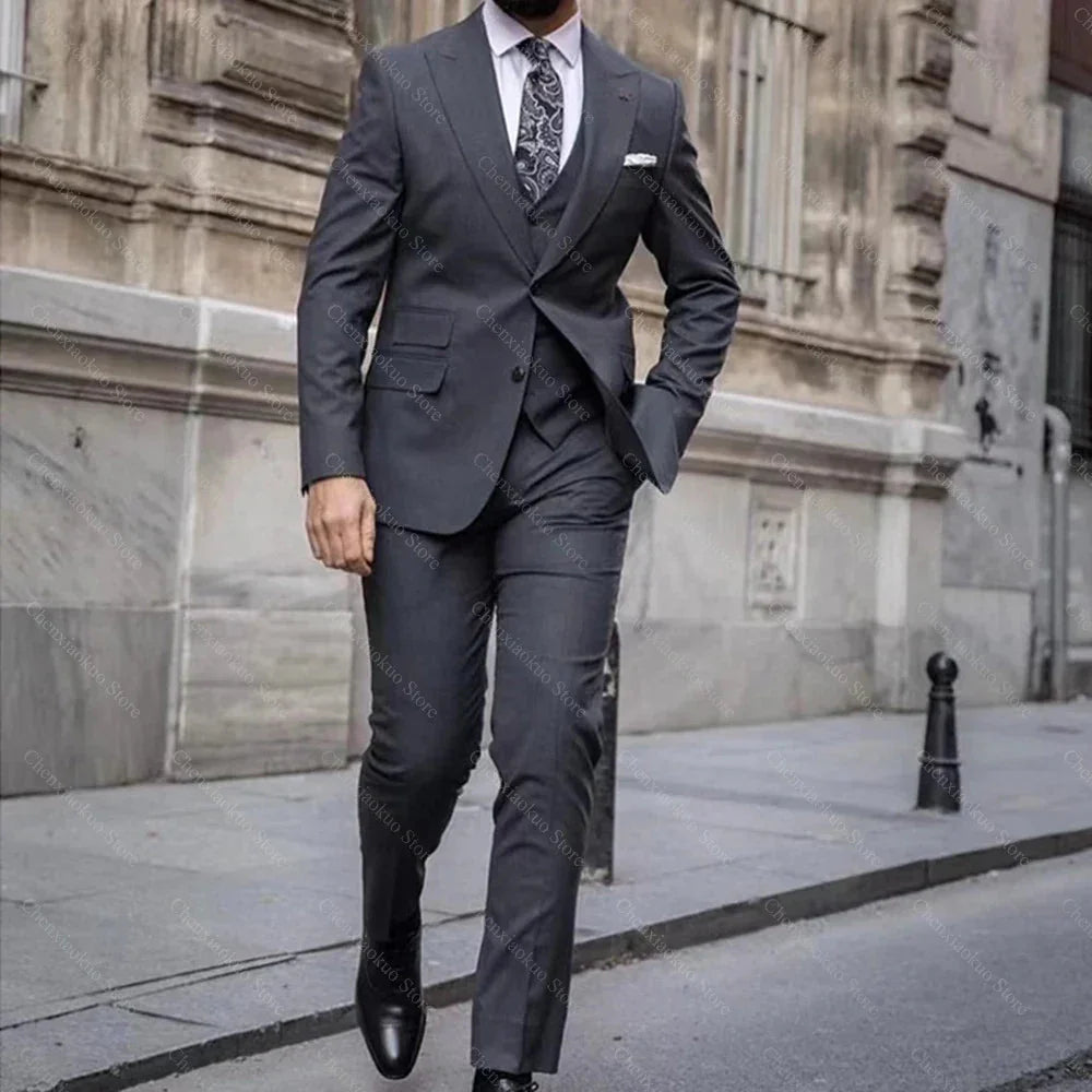 Men's grey slim fit suit with peaked lapel, three-piece formal set by SHOWLU FASHION STORE, shown in the product image.