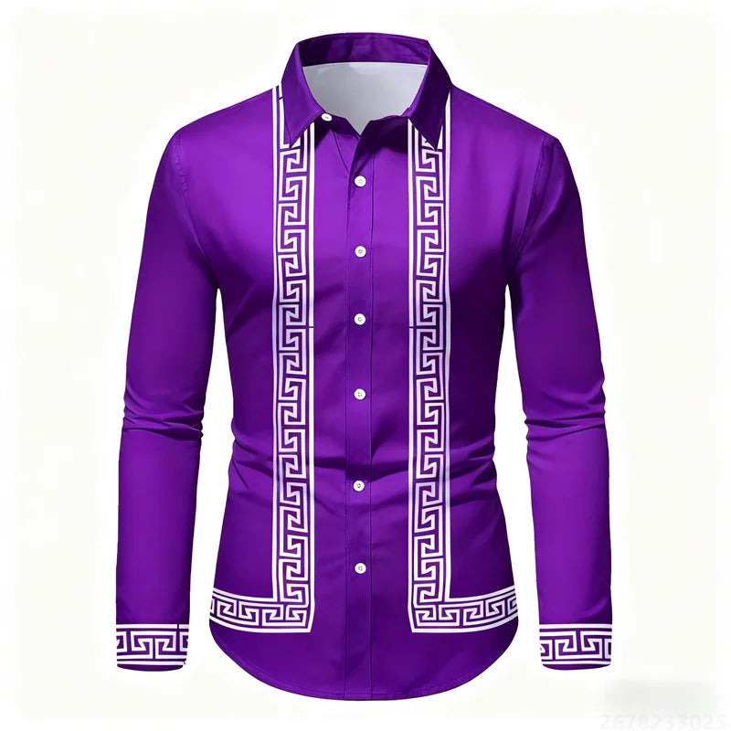 Men's retro geometric print long-sleeve shirt in black and white, slim fit, stylish casual top by Showlu Fashion Store.