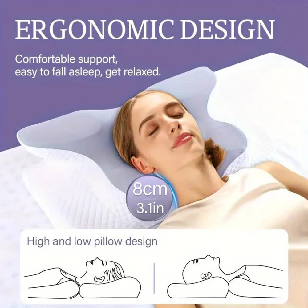 Showlu Memory Foam Butterfly Cervical Pillow designed for neck pain relief, with ergonomic butterfly shape and soft, supportive material.