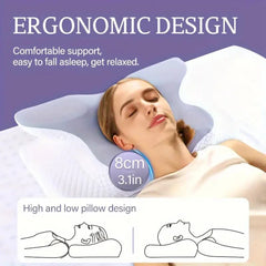 A woman sleeps on a butterfly-shaped memory foam cervical pillow with a high and low design.