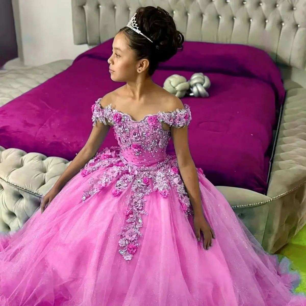 Customized Off Shoulder Flower Girl Dress for Wedding with Bow Appliqué Tulle Long Kids Birthday Party First Communion Gown