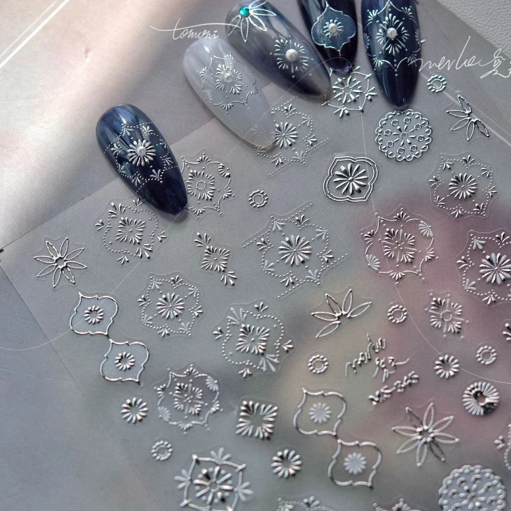 Elegant gold scepter 5D nail art stickers with gemstone patterns, perfect for luxury manicure designs and self-adhesive beauty decor.