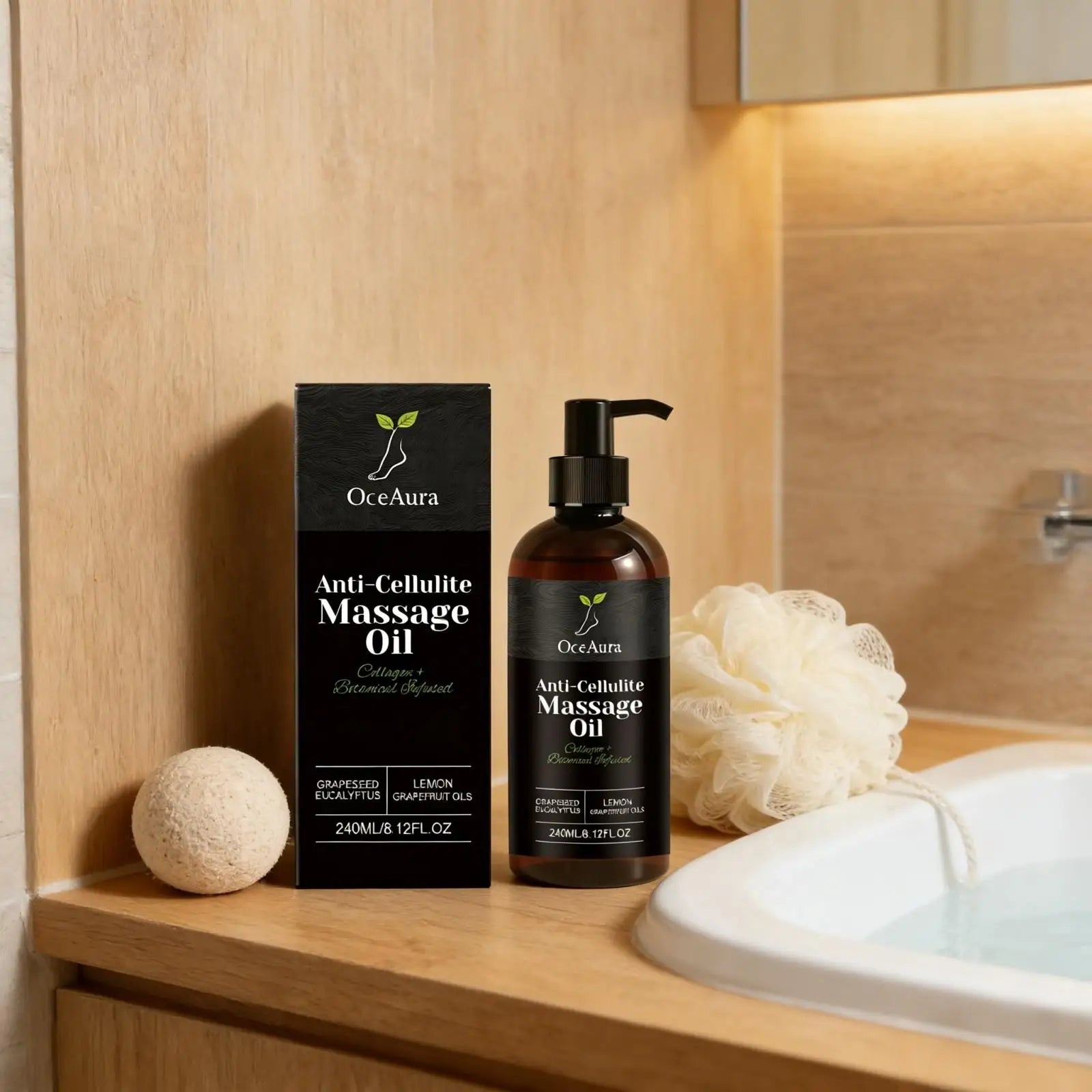OceAura Anti Cellulite Oil by Showlu Fashion Store with lemon and grapefruit for firming and massage, shown in a clear bottle.