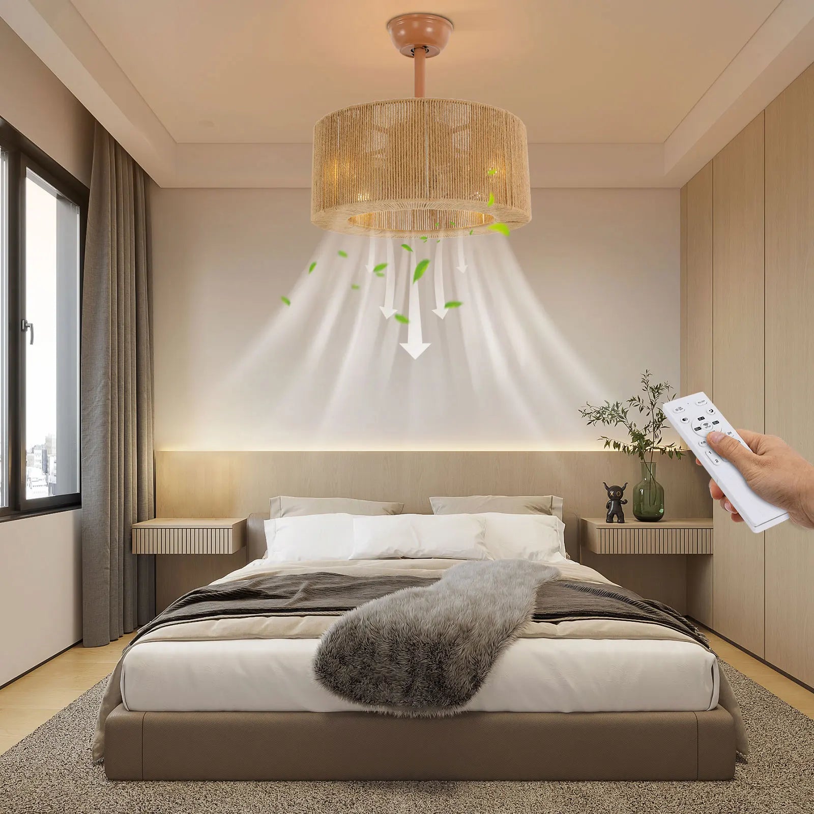 Showlu 18-inch ceiling fan with integrated light and remote control, ideal for bedrooms, featuring modern design and adjustable settings.