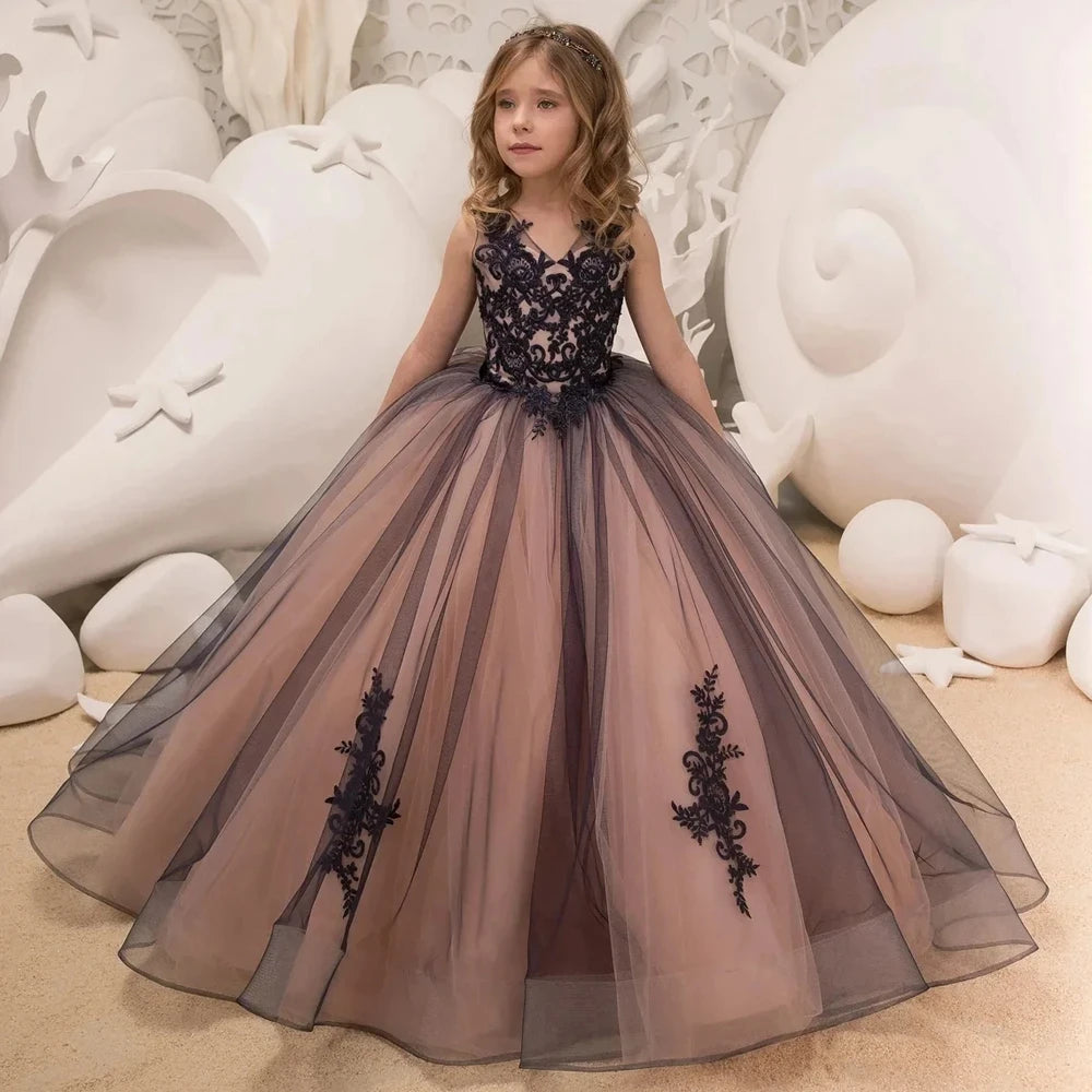 Pink lace flower girl dress with floral tulle ball gown design from Showlu Fashion Store, perfect for special occasions.