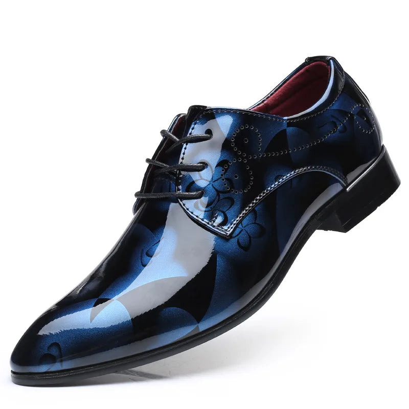 Men's retro floral oxford shoes by Showlu Fashion Store, pointed toe lace-up derby dress shoes with floral pattern.