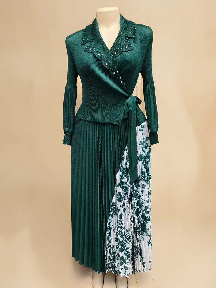 2025 Spring and Summer Vacation Two Pieces Miyake Pleated Printed Dress High-end Pleated Medium and Long Dress Women's Clothing