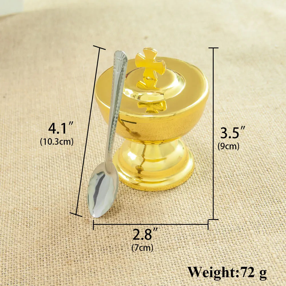 Showlu Golden Zinc Alloy Communion Cup with Spoon, church mass supplies, ornate design and polished finish for religious ceremonies.