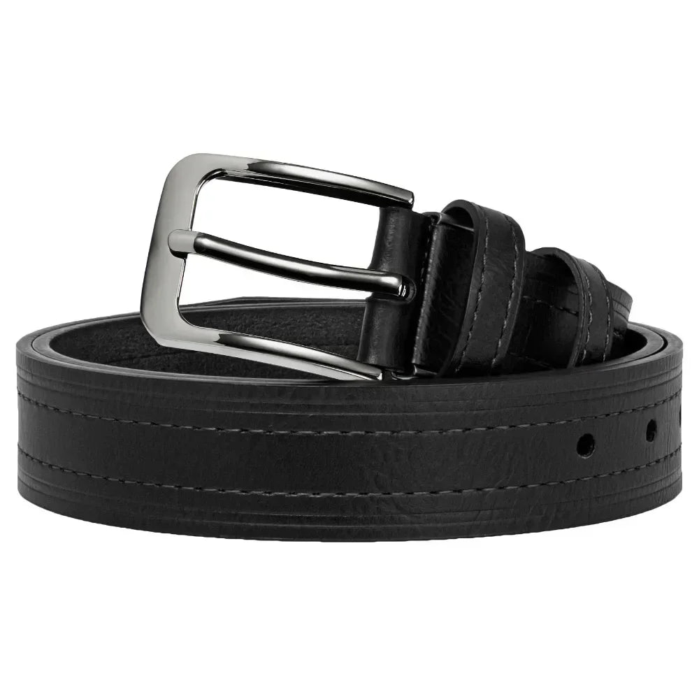 Showlu men's classic leather belt with metal pin buckle, casual and business style, in dark brown leather.