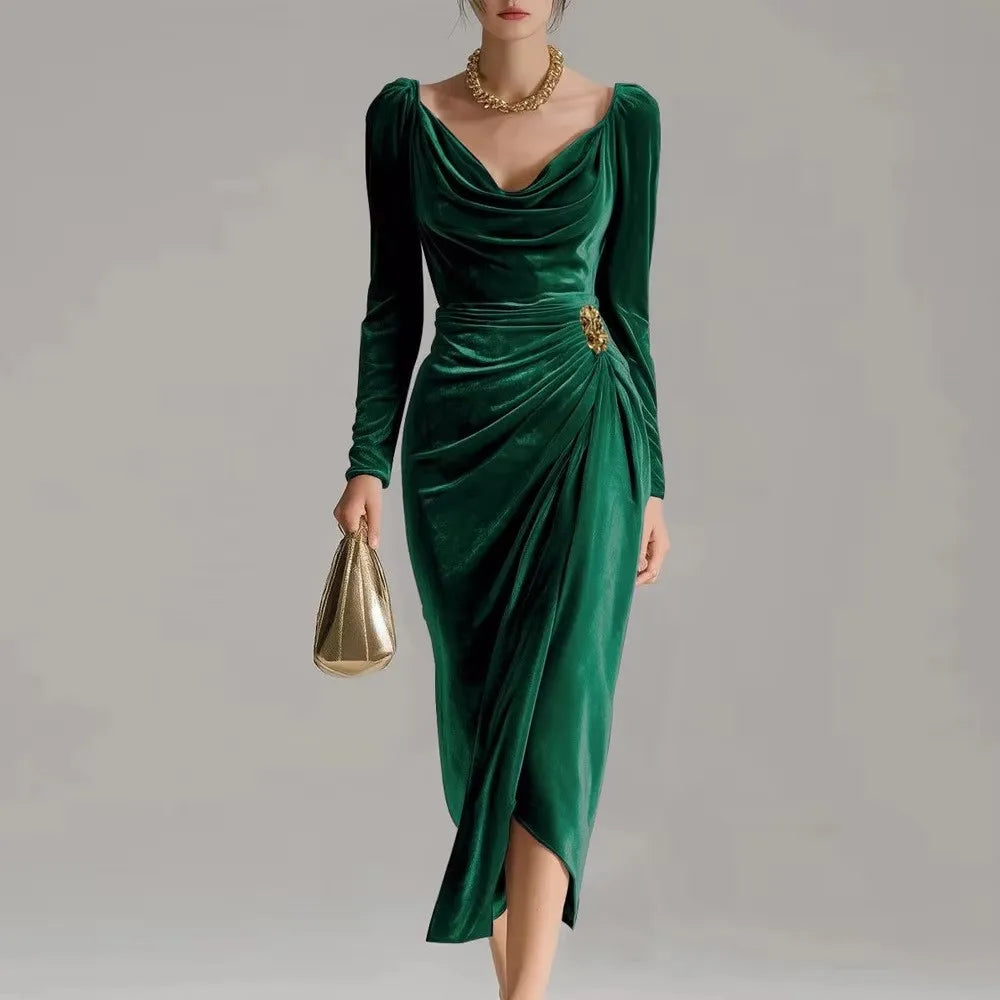 Showlu Women's velvet V-neck bodycon dress featuring a slim fit, pleated A-line silhouette, elegant evening gown in deep velvet fabric.