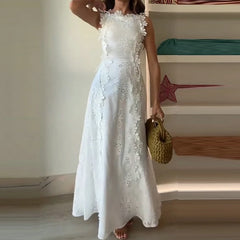 Elegant Lace Embroidery Vacation Long Dress Women Fashion O-neck Hight Waist Solid Party Dress Casual Sleeveless Holiday Dresses