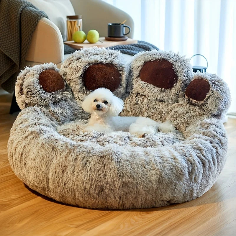 BeiYu Pet Bear Paw dog bed with soft, fluffy, breathable cushion designed for dogs and cats, featuring a cute bear paw pattern.