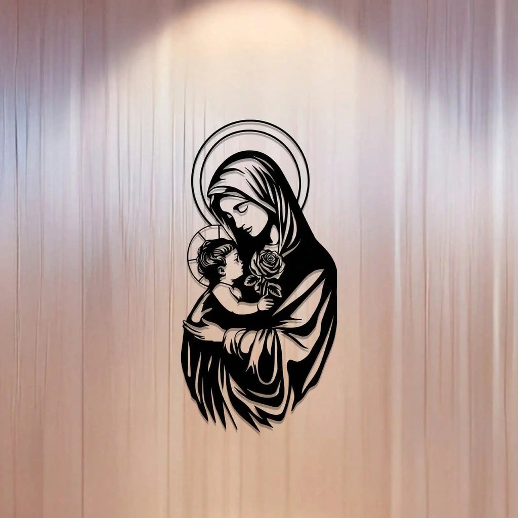Black metal wall art depicting the Virgin Mary, religious home decor piece with intricate design by Showlu Fashion Store.