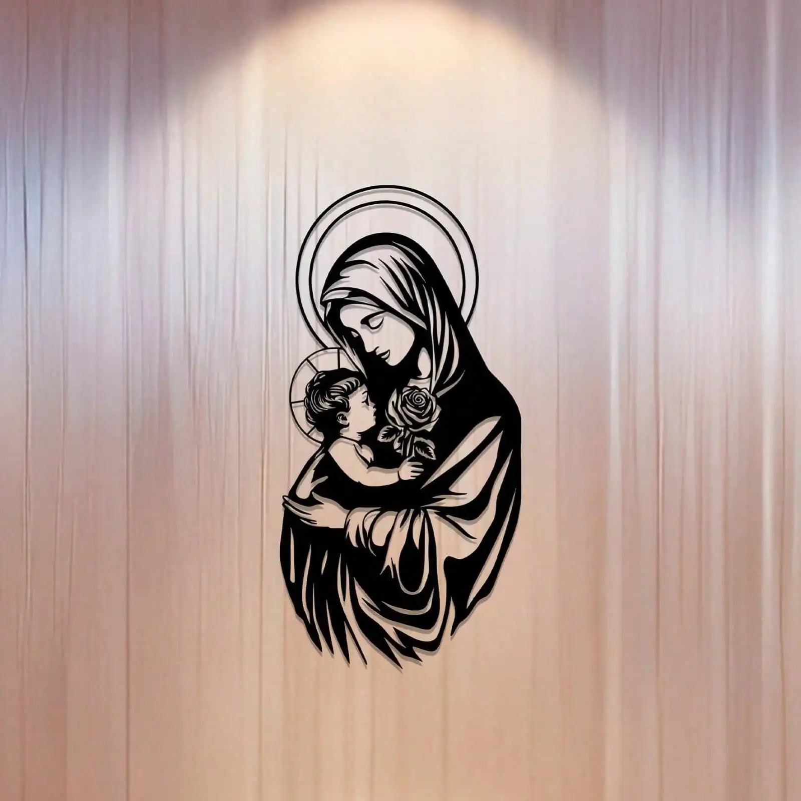 Black metal wall art depicting the Virgin Mary, religious home decor piece with intricate design by Showlu Fashion Store.