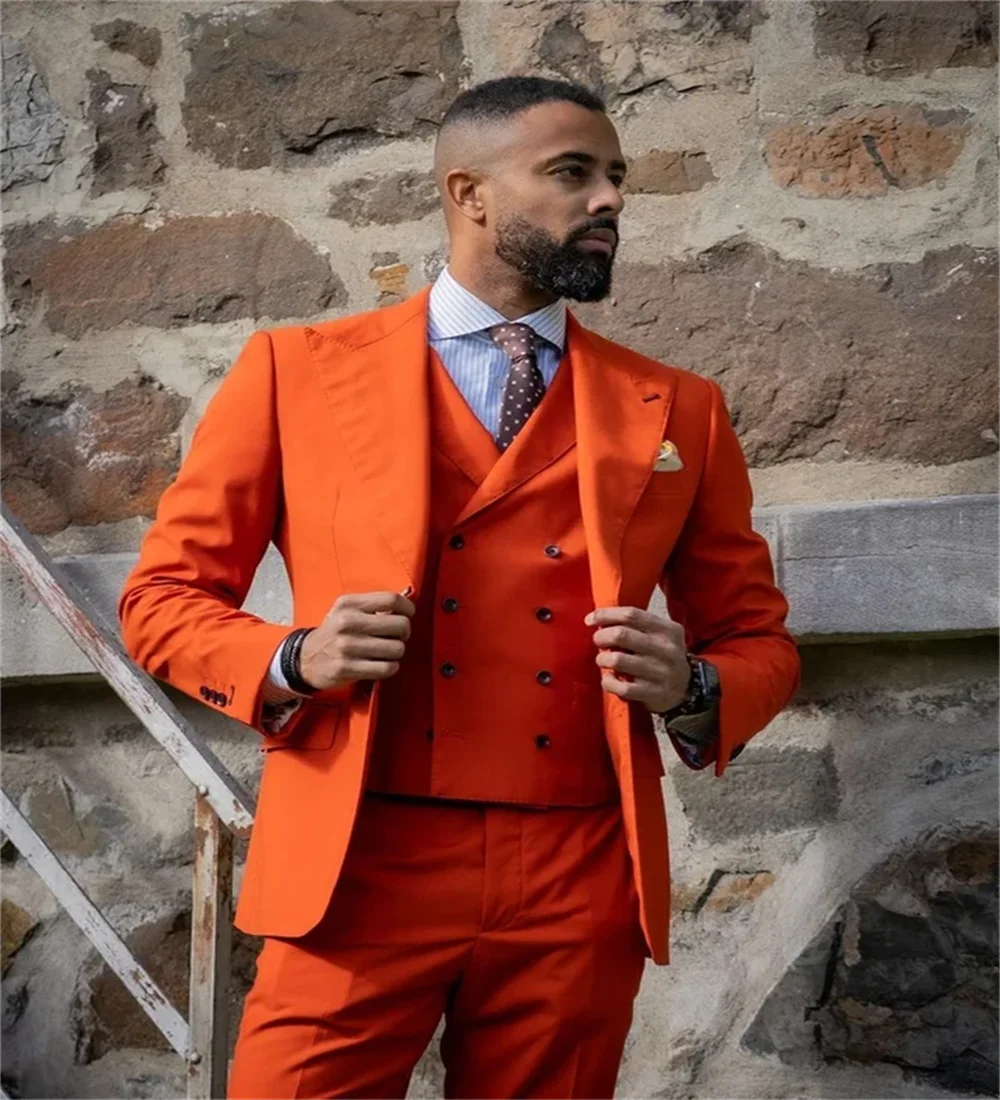 Men's dark orange wedding suit by Showlu Fashion, 3-piece wool blend tuxedo with jacket, vest, and trousers for formal occasions.