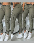 Showlu Fashion Women's slim fit cargo pants in solid polyester, perfect for workwear, with a tailored design and functional pockets.
