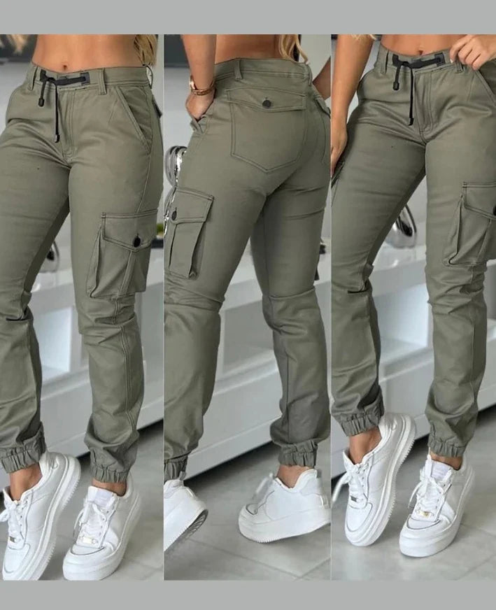 Showlu Fashion Women's slim fit cargo pants in solid polyester, perfect for workwear, with a tailored design and functional pockets.