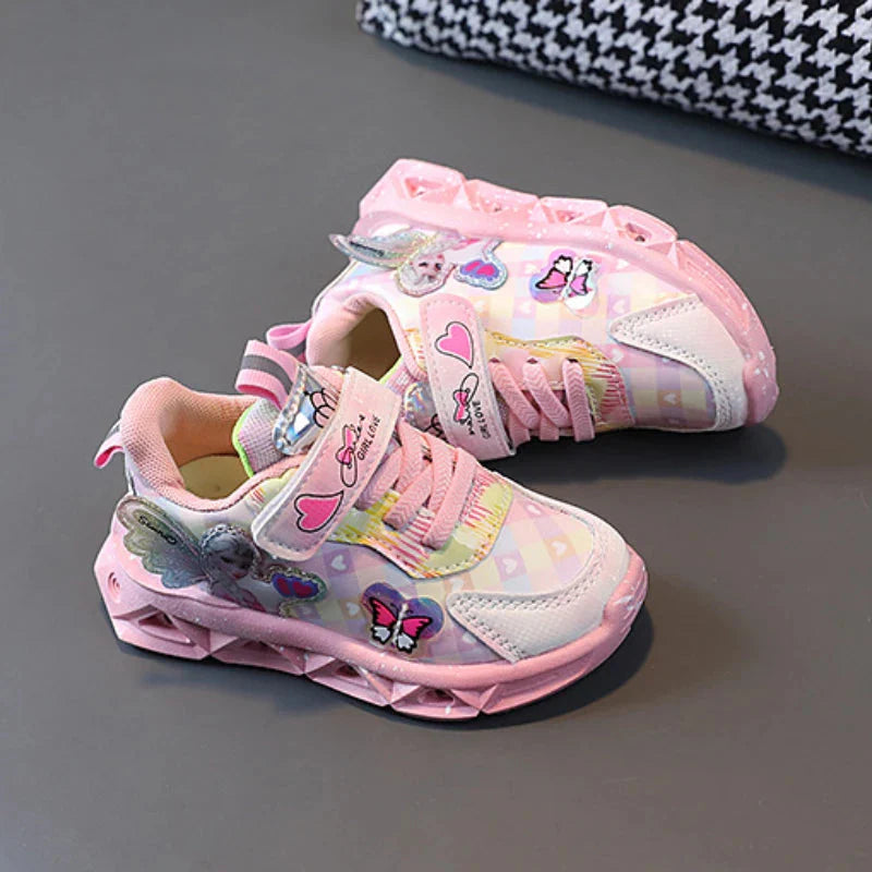 Pink and purple leather sneakers for girls featuring LED lights and Elsa Frozen theme from SHOWLU FASHION STORE.