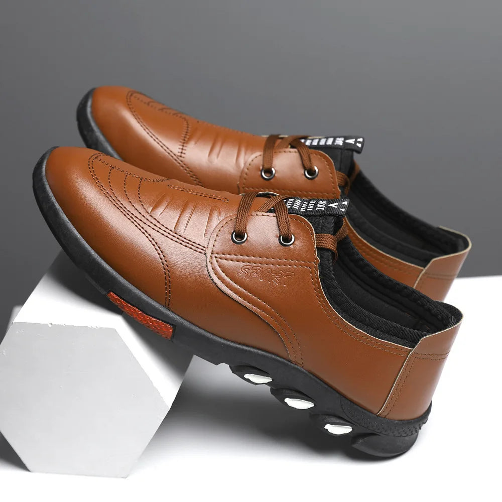 Men's black leather loafers by Showlu Fashion, breathable slip-on business casual driving shoes, with sleek design and comfortable fit.
