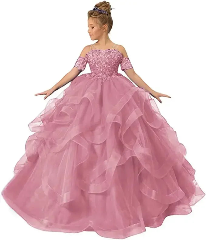 Off-shoulder tulle flower girl dress by Gdybao with appliques, ball gown style for kids, featuring a delicate floral design.