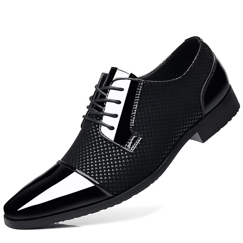 Showlu Fashion Men's patent leather dress shoes with pointed toe, formal oxford style, featuring sleek, shiny black leather.